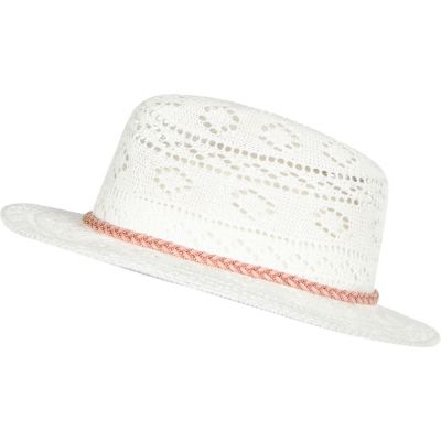 Girls white knitted fedora hat